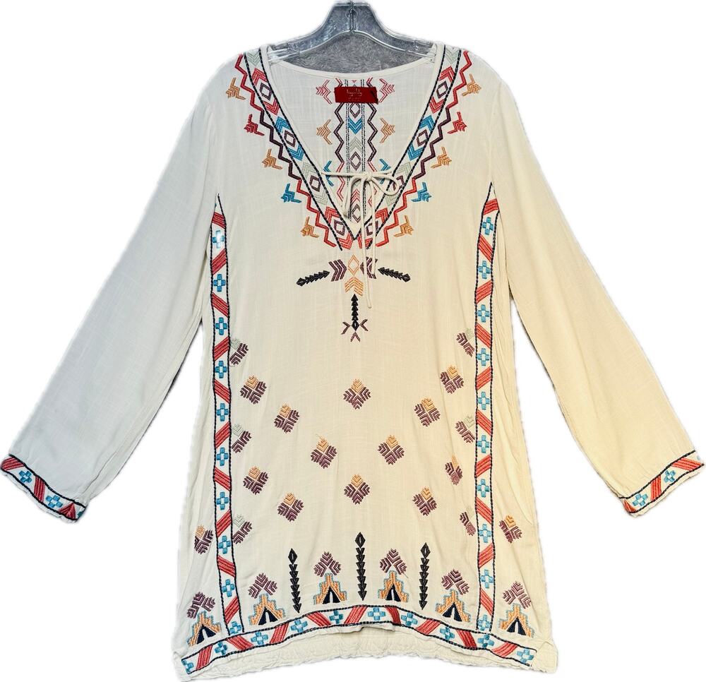 Tigerlily Geometric Embroidered V-Neck Boho Dress Long Sleeves White Women 4